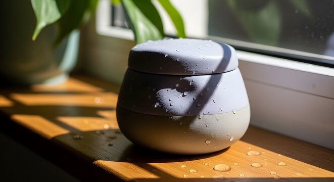 Modern Ceramic Jar with Water Droplets on Wooden Surface, Sunlight