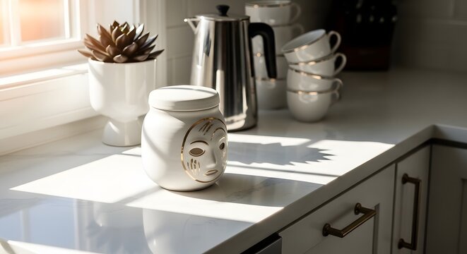 Modern Kitchen Countertop with Decorative Jar, Cups, and Plant