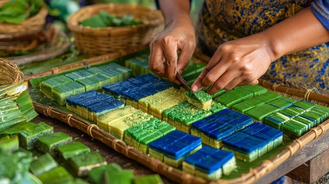 Vendor carefully slicing vibrant traditional Kuih Lapis layered cake at a market stall