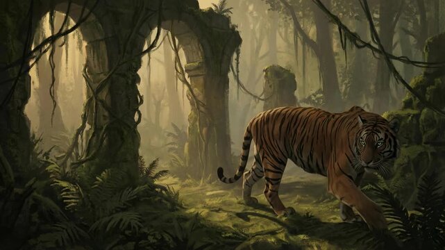 Stealthy tiger prowling dense jungle animation, wild animal in tropical rainforest environment, cinematic viewpoint showcasing natural habitat and vibrant greenery