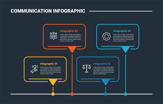 Communication concept infographic process diagram with discussion box container up and down wave on horizontal timeline direction with dark background bright outline style 4 points