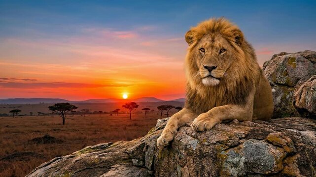 Sunset Lion Relaxing on Rocky Outcrop in African Savannah Wildlife Scene Animation with Majestic View and Serene Natural Environment