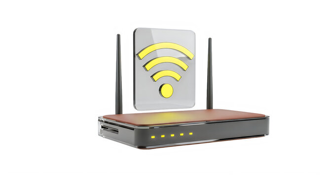 A wireless router with a Wi-Fi symbol on its screen against a black background