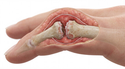Fototapeta premium Human Hand Joint Showing Rheumatoid Arthritis with Synovial Inflammation and Bone Erosion – Medical Visualization Render