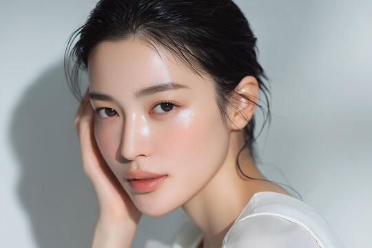 素肌の美しい女性の美容ポートレート　Beautiful Woman with Clear Skin Looking at the Camera