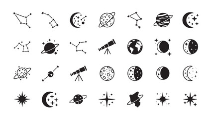 Fototapeta premium Space icons, astronomy symbols, celestial bodies, star and planet graphics, 25 black and white illustrations