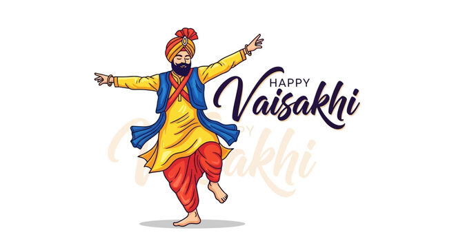 Vaisakhi festival illustration featuring a traditionally dressed Punjabi man celebrating the harvest with open arms against a clean white background, designed with bright, festive colors