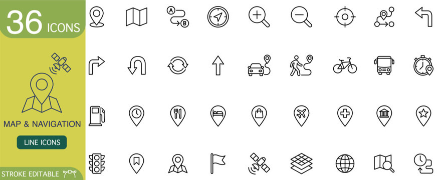 Map navigation icon line location geolocation route direction set on transparency background, outline symbol for travel app interface, editable stroke, minimal design for web, print, infographic