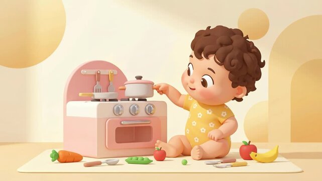 Toddler playing with toy kitchen set in cozy home environment animation, child cooking pretend meal, indoor lifestyle, cute perspective