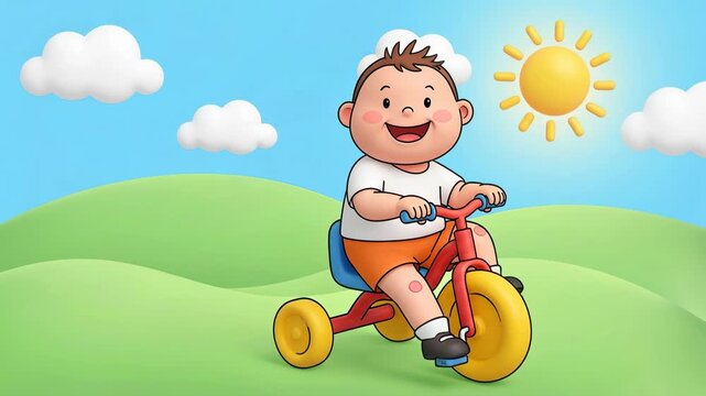 Child riding tricycle happily on green hill under sunny sky in bright outdoor animation scene with cartoon style and cheerful viewpoint