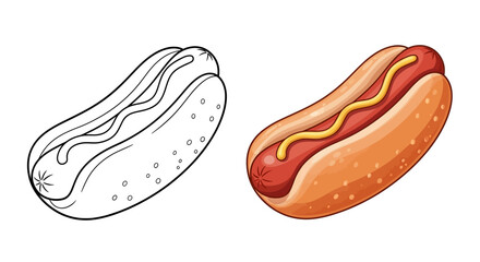 Fototapeta premium Hot Dog Coloring Page and Finished Illustration with Mustard