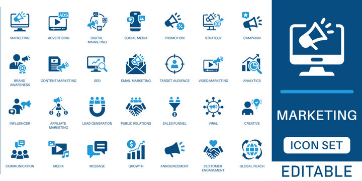Marketing icon set. featuring advertising, digital strategy, social media promotion, SEO, brand awareness, and lead generation in blue flat design.