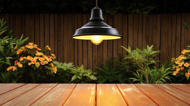 Warm glowing black pendant light fixture illuminates a wooden table and garden patio outdoors at night