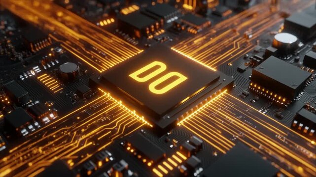 Digital Circuitry: Intricate detail of a central processing unit, showcasing the complex architecture of modern computing, with circuits and components glowing brightly.