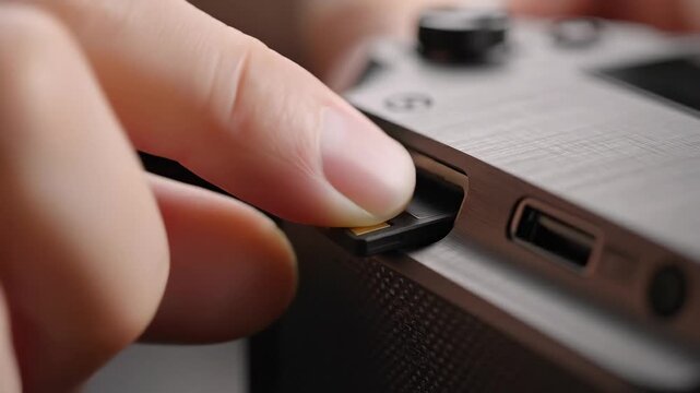 Close-up of finger inserting memory card into camera slot.