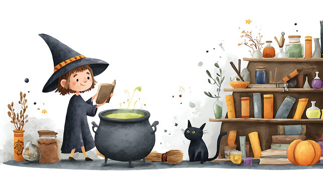 A young girl in a witch costume is reading a book while standing in front of a c