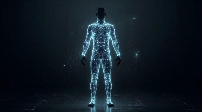 Full body human silhouette with transparent biometric mesh structure.