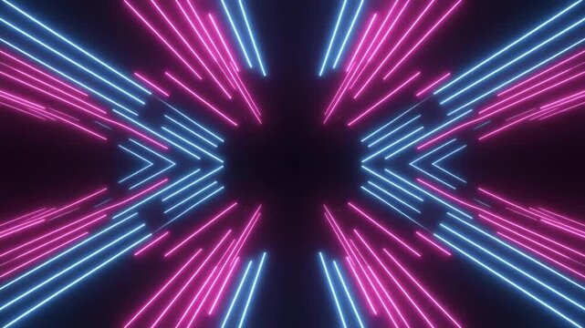 Neon Symphony of Lights: A mesmerizing display of neon lights in vibrant shades of pink and blue, forming an abstract geometric design.