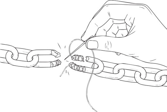 The delicate act of repairing a broken chain link with a needle and thread, symbolizing mending and restoration