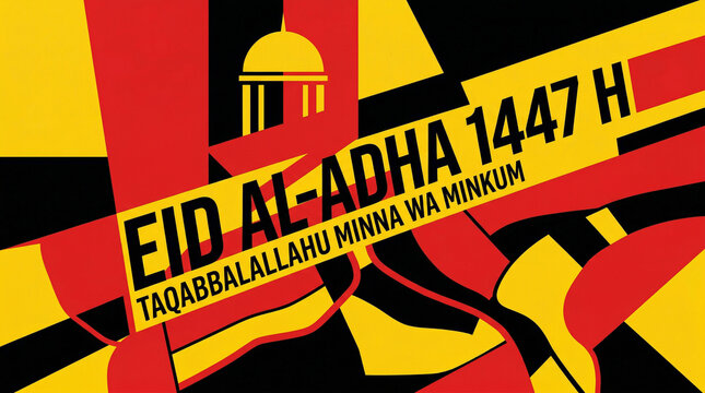 Constructivist style Eid Al-Adha 1447 H graphic poster, bold typography Taqabbalallahu Minna Wa Minkum design,  aesthetic, 4K AI art.

