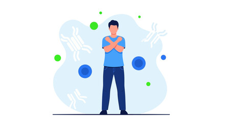 Fototapeta premium Man crossing arms, immune system defense, antibodies, health, protection, medical concept