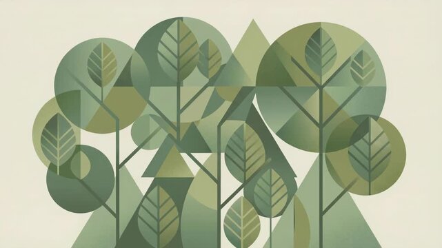 Abstract animation of geometric tree shapes in nature environment, stylized graphic illustration, modern design, flat viewpoint, creative concept