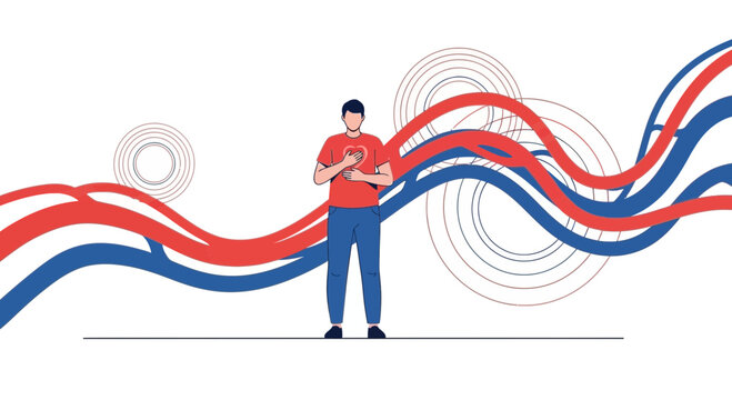 Man holding heart with red and blue wave lines, symbolizing health and circulation