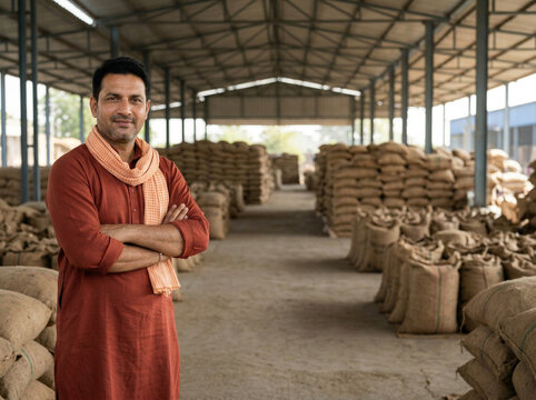indian farmer standing confidently in mandi warehouse with agricultural sacks representing farming supply chain and rural economy concept