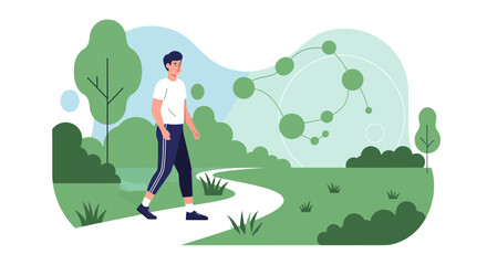 Obraz premium Man walking in park with abstract molecular structure symbolizing health and science