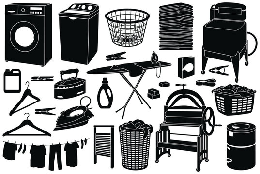 Laundry equipment silhouettes from vintage washboards to modern tools.
