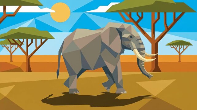 Animation of Elephant Walking in African Savanna Landscape with Trees under Sunny Sky in Low-Poly Style Illustration from Side View