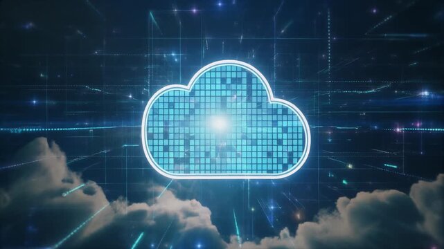 Cloud Computing Illustration: A digital cloud hovers gracefully above a celestial expanse of networks and data, embodying the future of information storage and retrieval.