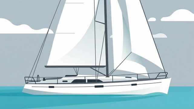 Sailing Yacht Animation Cruising on Calm Ocean Waters with White Sails in Clear Sky View, Marine Transport Adventure Illustration