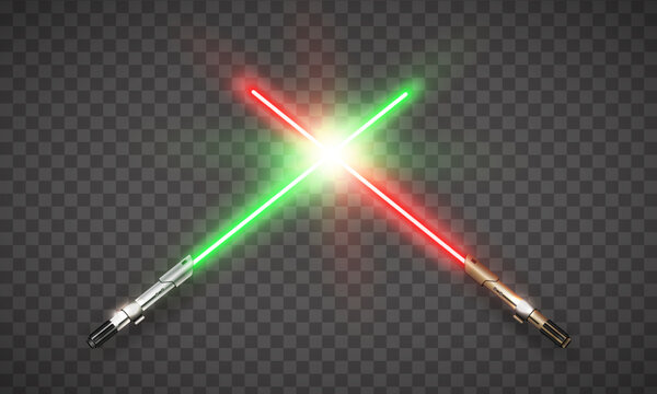 New realistic design red and green neon crossed swords isolated on transparent background. Vector illustration