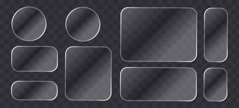 Set of glassmorphism buttons and frames, frosted glass ui elements with rounded corners, transparent glossy shapes for web design, vector illustration