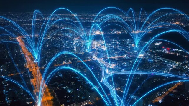 Digital City: Illuminating the night sky, a vibrant network of digital pathways connects a sprawling cityscape, symbolizing the modern interconnectedness of the digital age. 