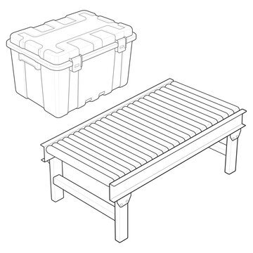 Isometric portable gravity roller conveyor and stackable rugged tote set linear drawing