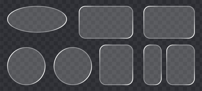Set of glassmorphism style frames, transparent frosted glass plates with rounded corners, empty ui elements for web design, vector illustration