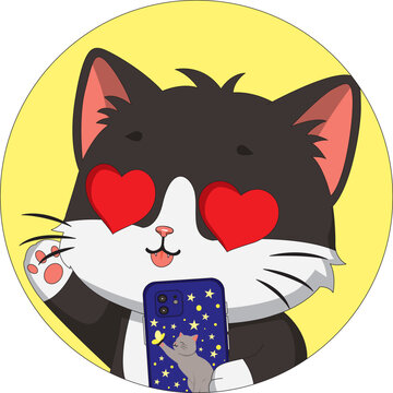 Cat round sticker black kitten with phone heart eyes saying hello toddle cartoon vector