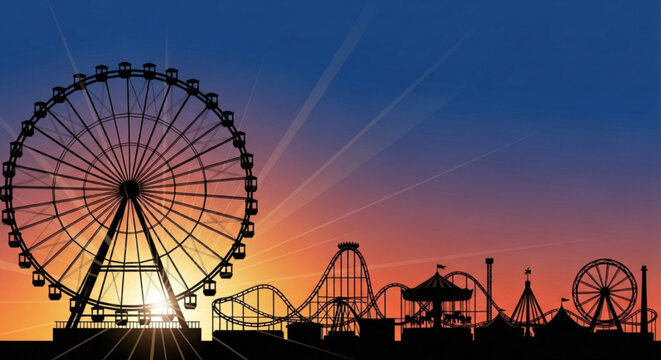 Silhouette of amusement park rides at sunset with ferris wheel and roller coaster warm orange and blue sky background