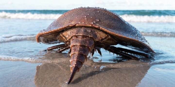 Extreme Close Up of a Horseshoe Crab Resting on Wet Sandy Beach Showing Highly Detailed Brown Shell Texture and Pointed Tail Glistening with Water Droplets Under Natural Soft Coastal Daylight