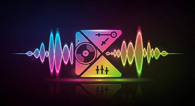 Neon sound wave graphic with vinyl record and equalizer on dark background colorful audio waveform