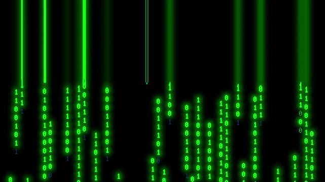 Binary code falling on screen with lines and distortion effects