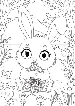 Rabbit with Easter Egg Holiday Coloring Page Cartoon Toddle Drawing Vector