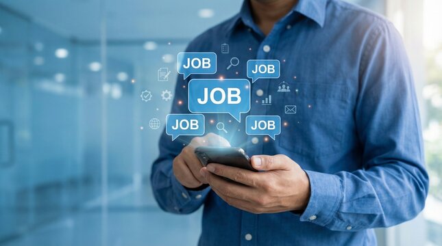 A professional man in a modern workspace browsing job listings on his smartphone, digital employment portal interface floating around him, glowing career opportunity alerts in speech bubble icons, fut