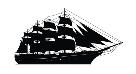 Detailed black silhouette of a tall sailing ship on a white background silhouette © asma