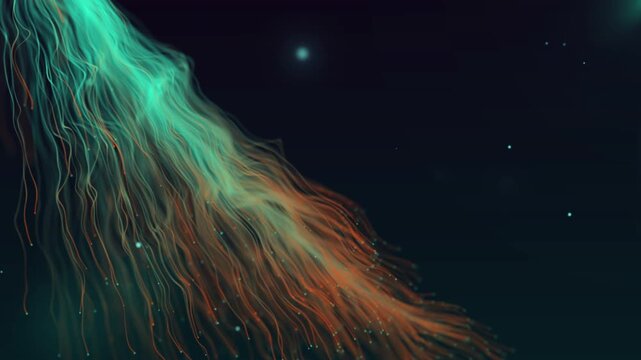 A dark background with blurred orange object and small blue lights scattered throughout the darkness mysteriously