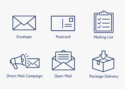 A set of Direct Mail icons focuses on simplicity, elegance, and ease of recognition. Vector Sign for Logos, Labels, and Icons.