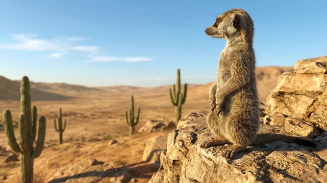 Meerkat standing alert on rocky outcrop in desert landscape, animation-style wildlife observation, scenic outdoor view, natural environment