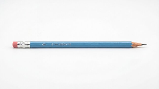 A light blue wooden pencil with a pink eraser at the end and a sharpened lead tip for writing